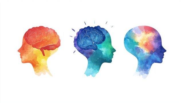Colorful watercolor illustrations of human heads depicting creativity and thought processes in a vibrant artistic style.