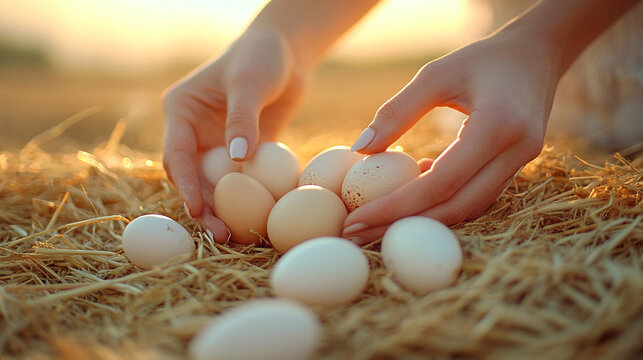 hands carefully cradles freshly laid eggs, symbolizing nurture, purity, and abundance. The natural textures evoke simplicity, connection to nature, and organic living