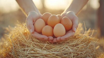 hands carefully cradles freshly laid eggs, symbolizing nurture, purity, and abundance. The natural textures evoke simplicity, connection to nature, and organic living