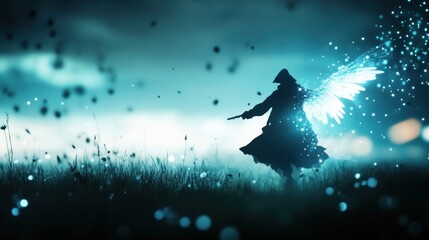 A translucent, glowing figure with wings of light, floating through a dreamy, ethereal landscape.