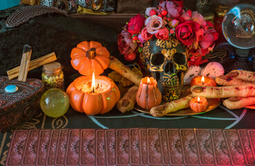Illustration for celebrating Halloween party, spooky details and magical stuff, candles and...