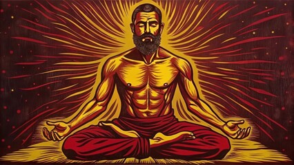 Artistic illustration of a muscular bearded man meditating with a radiant energy backdrop