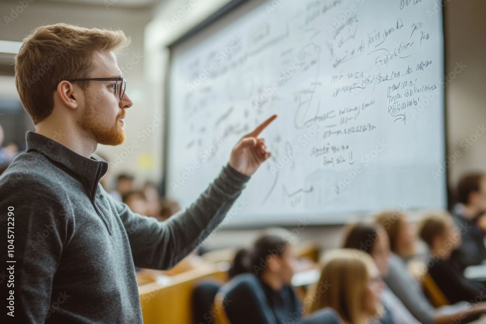 Poster a student with glasses points at a whiteboard covered in mathematical formulas while engaged in a un