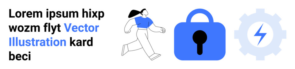 A person running beside a blue lock symbol and a gear with a lightning bolt. Ideal for technology, digital security, user protection, online platforms, and cybersecurity awareness. Banner for landing