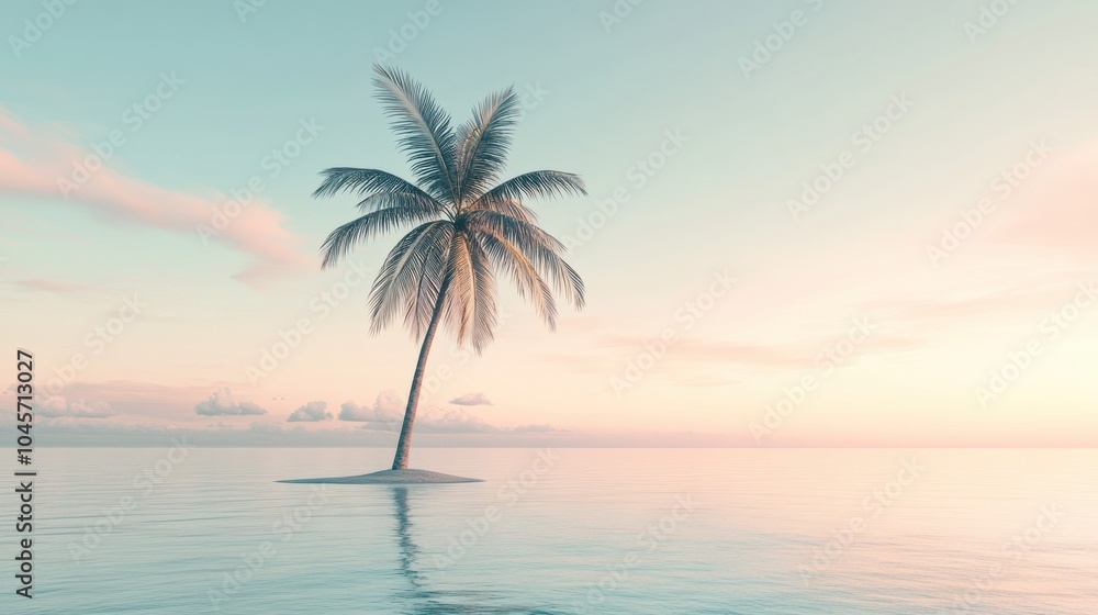 Poster a tranquil tropical island with a lone palm tree stands in calm waters, illuminated by soft sunset h