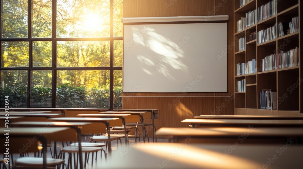 Poster sunlight streams through large windows in a classroom filled with wooden desks and lined bookshelves