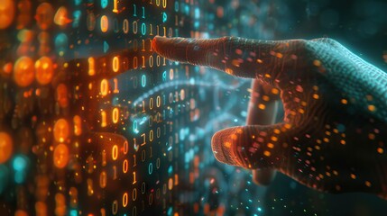 A finger pointing on a 3d floating digital illustration of numbers of binary code