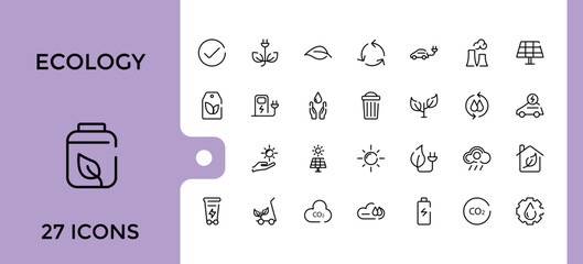 Ecology line web icon set. Contains related to sustainability, eco-friendly, recycling, environment, wind power, renewable and more. Thin linear style icons pack. Vector illustration.