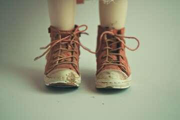 A detailed view of a pair of shoes with tied laces
