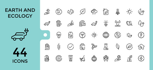 Earth and ecology line web icon set. Contains related to sustainability, eco-friendly, recycling, wind power, and more. Thin linear style icons pack. Vector illustration.