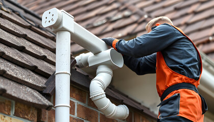 During installation of rain gutters on roofs, worker is fitting downpipe bending downspout isolated with white highlights, png
