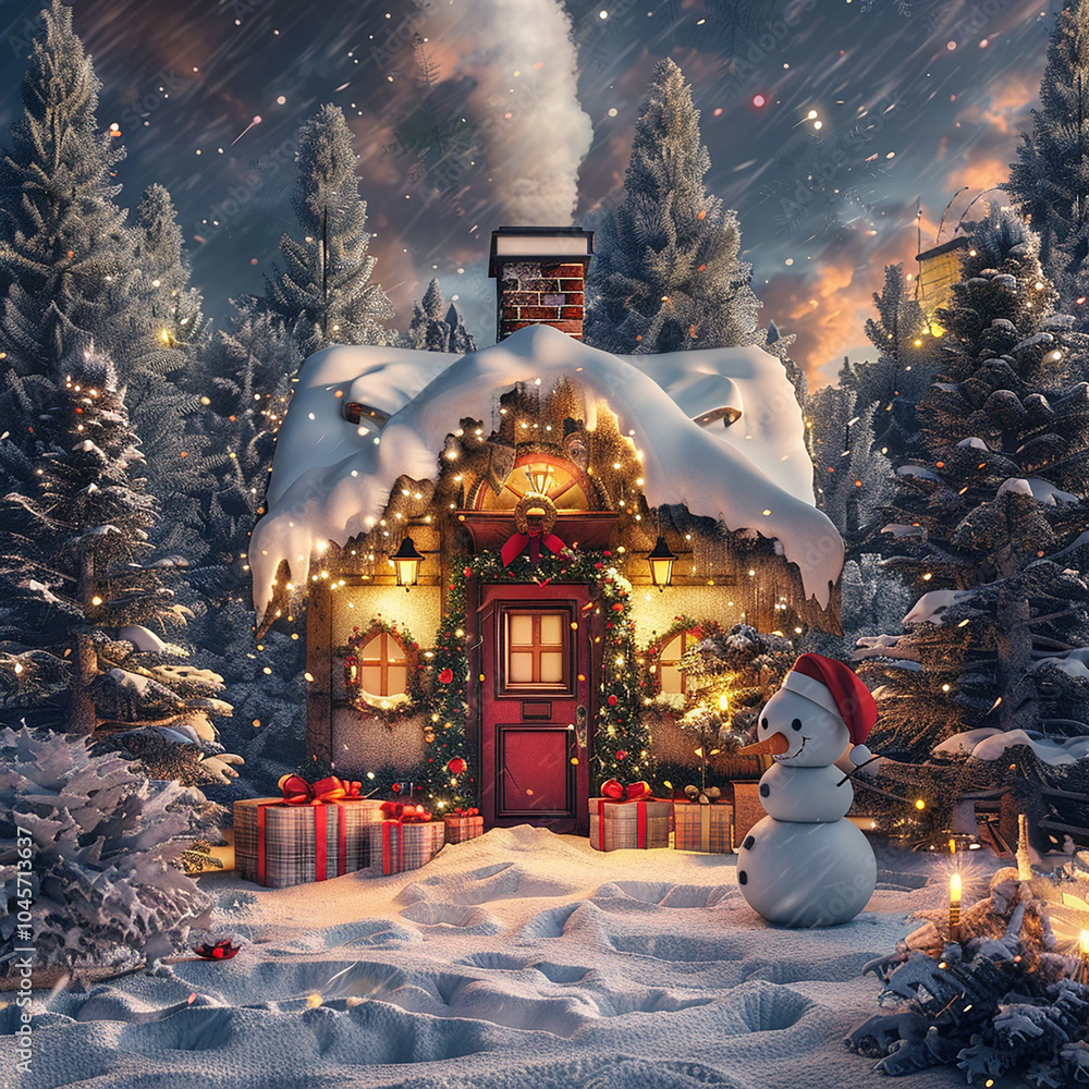 Poster a snowman stands in front of a house with a red door and a wreath on it. the scene is set in a snowy