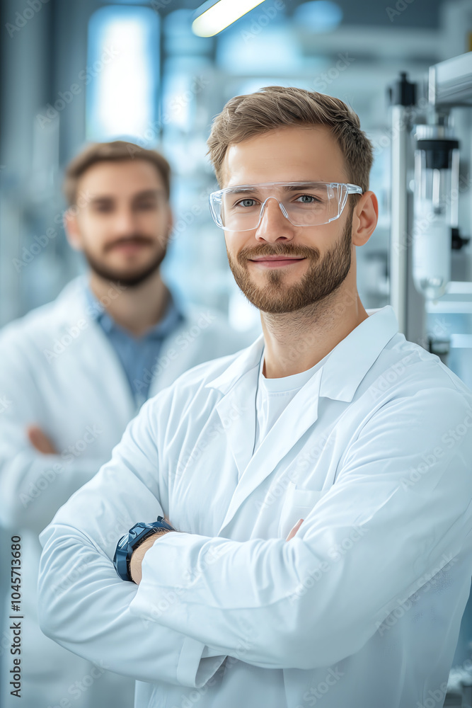Poster two scientists collaborating in a modern laboratory setting showcasing innovation and scientific res