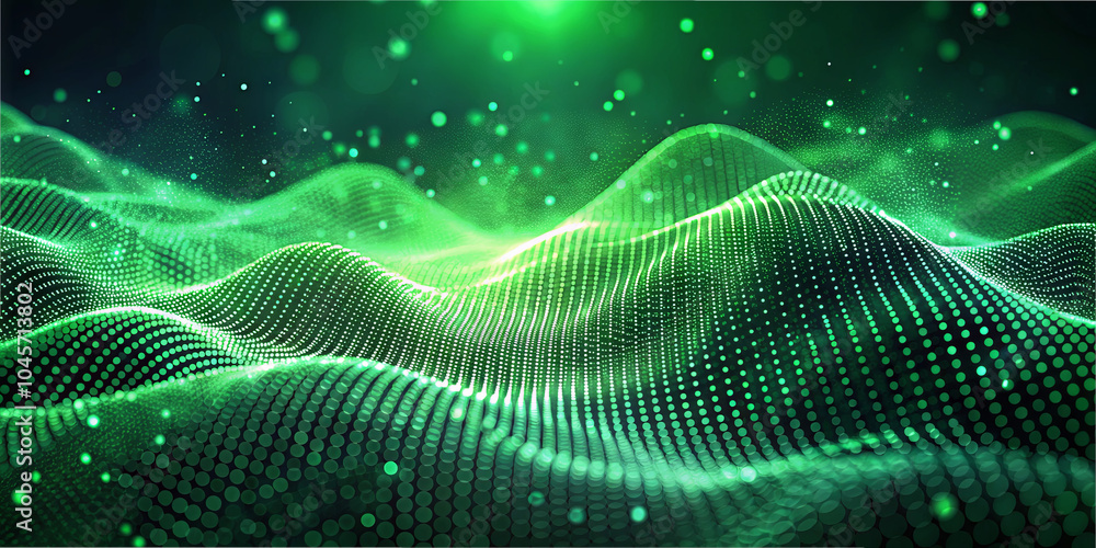 Poster a mesmerizing display of green undulating wave patterns illuminated by soft glowing dots, evoking a 