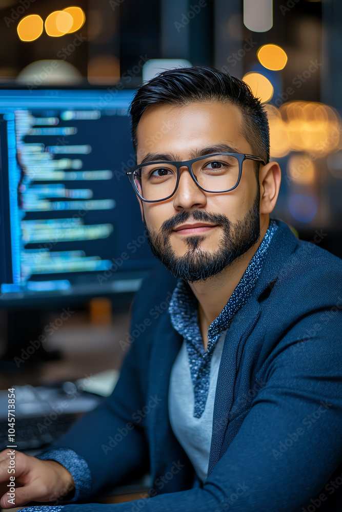 Poster confident programmer in modern workspace a portrait of professionalism and innovation