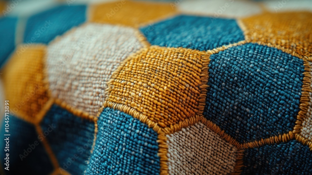 Poster close-up of a textured fabric featuring hexagonal patterns in blue and orange hues.