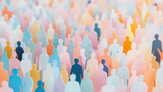 A large group of diverse people in an abstract scene, representing the concept of human diversity and community gathering Generative AI