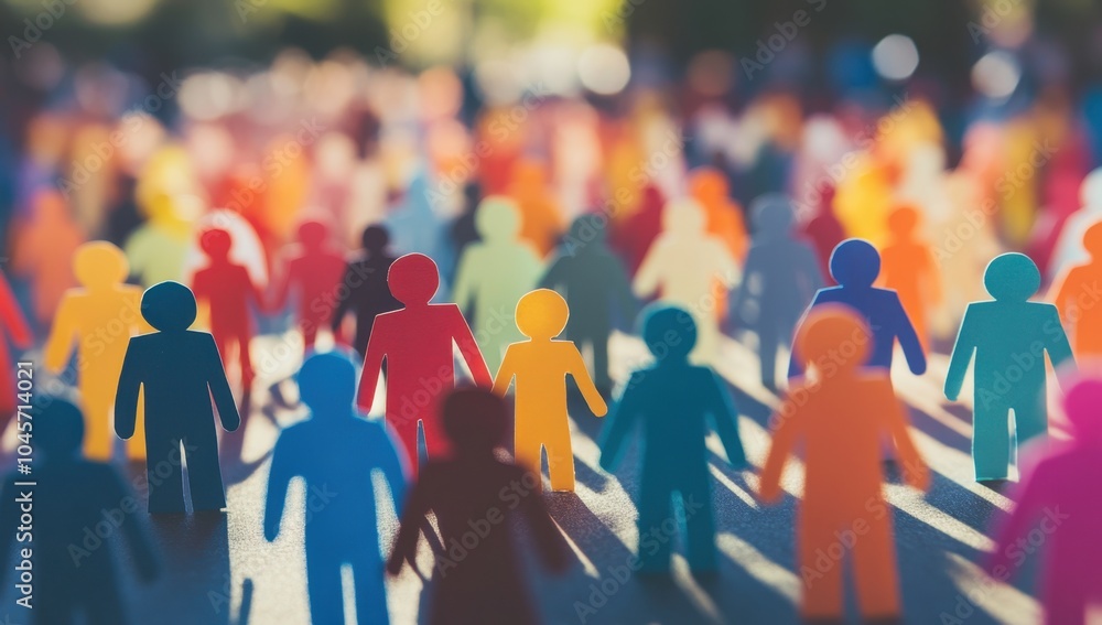 Poster a large group of diverse people, represented by simple paper figures in different colors and shapes,