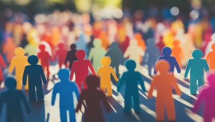 A large group of diverse people, represented by simple paper figures in different colors and shapes, standing together on the ground with no faces visible Generative AI