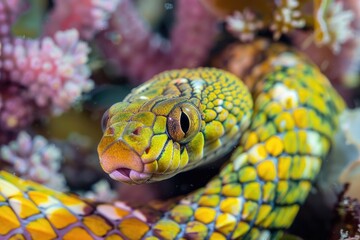 Fototapeta premium A close-up view of a yellow and green snake's head and body