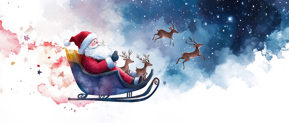 Watercolor Santa Claus rides through the snow on a sleigh with reindeer and a cart full of gifts.