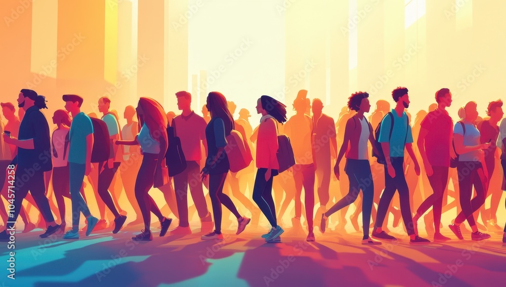 Poster a diverse group of people representing different anthropomorphic colors, all walking together toward