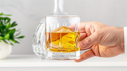 Whiskey glass held with whiskey in hand with elegant background and decorative elements