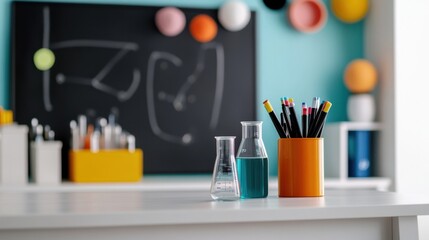 A well-organized laboratory desk with beakers, vibrant chalkboard drawings, and bright walls, inspiring creativity and scientific discovery.
