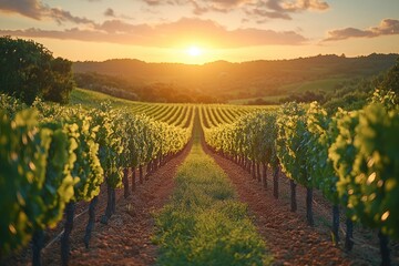 Naklejka premium A picturesque vineyard at sunset, showcasing rows of grapevines and a scenic landscape.