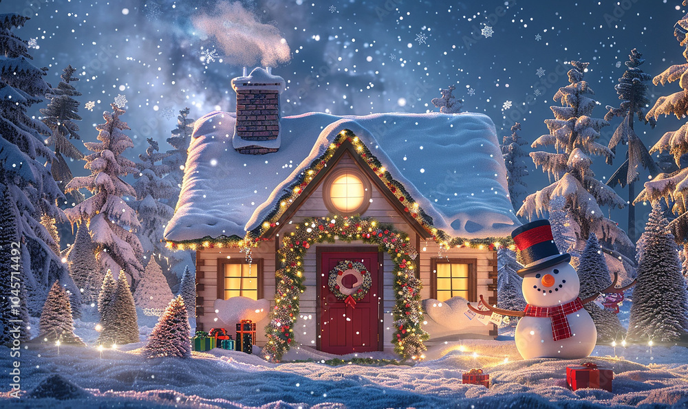 Poster a snowman stands in front of a house with a red door and a wreath on it. the scene is set in a snowy