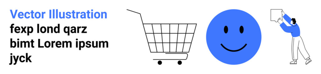 Shopping cart, large blue happy face, and a person in blue and white holding a paper. Ideal for e-commerce, customer satisfaction, communication, positivity, and marketing concepts. Banner