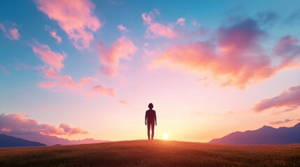 A silhouette of a lone figure standing against a stunning sunset, representing peace and reflection.