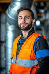 Fototapeta premium Confident young worker in safety vest showcasing modern industrial environment
