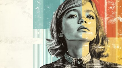 Stylized portrait of a child with a dreamy upward gaze. Geometric patterns in warm and cool colors give modernity and artistry to the illustration.