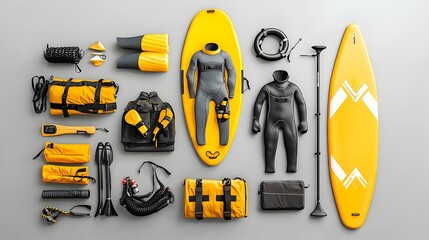 Assortment of essential water rescue equipment including wetsuits paddles and rescue boards for outdoor adventure water sports and coastal safety activities