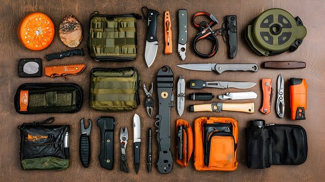 Carefully curated collection of rugged outdoor survival gear including knives multi tools and comprehensive survival kits all meticulously arranged for adventurous and emergency preparedness