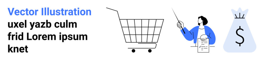 Digital artwork presenting an online shopping cart, a person with a list, and a bag of money. Ideal for e-commerce, financial planning, online retail, budgeting, and economic growth themes. Banner