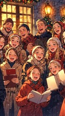 Joyful Christmas carolers singing together in festive attire outside a decorated house