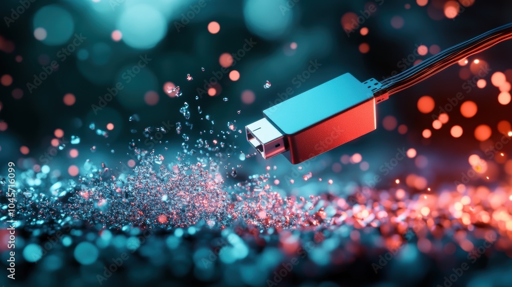 Poster a futuristic concept image depicting a data stream flowing through a flash drive, highlighting the s