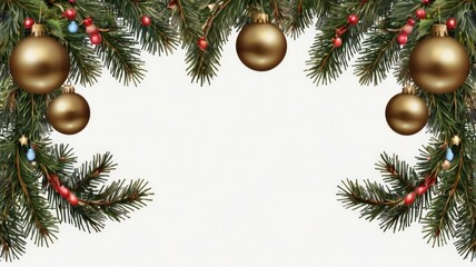Christmas border with ornaments, pine, and berries creating copy space