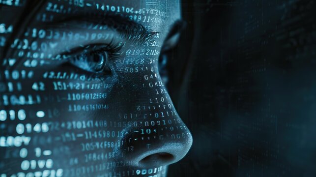 Digital AI Art  Female face with matrix numbers  dark background.