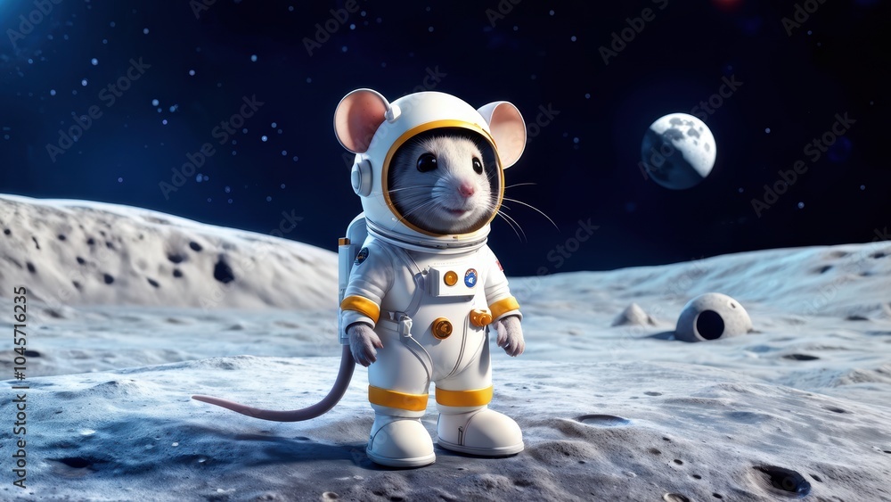 Poster a mouse in a spacesuit stands on the moon's surface, showcasing a whimsical space adventure.