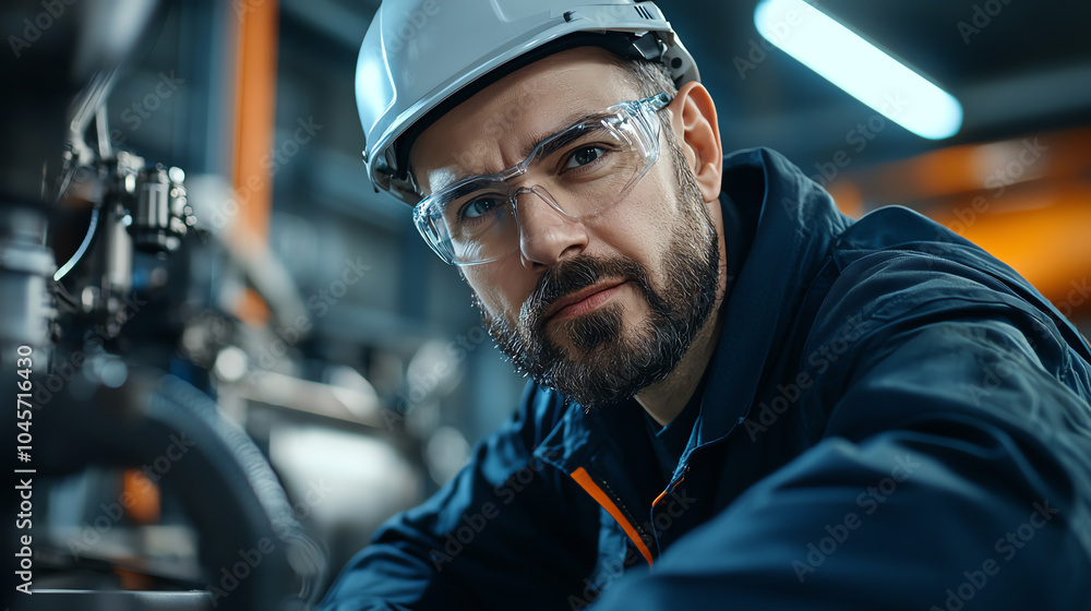 Poster focused attention a skilled worker in an industrial setting engaged in precision tasks