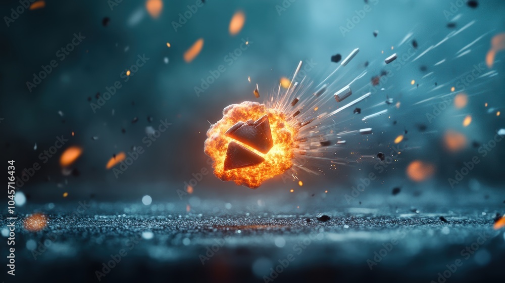 Poster a digital animation showcasing a flash icon exploding into a fiery inferno, representing the destruc