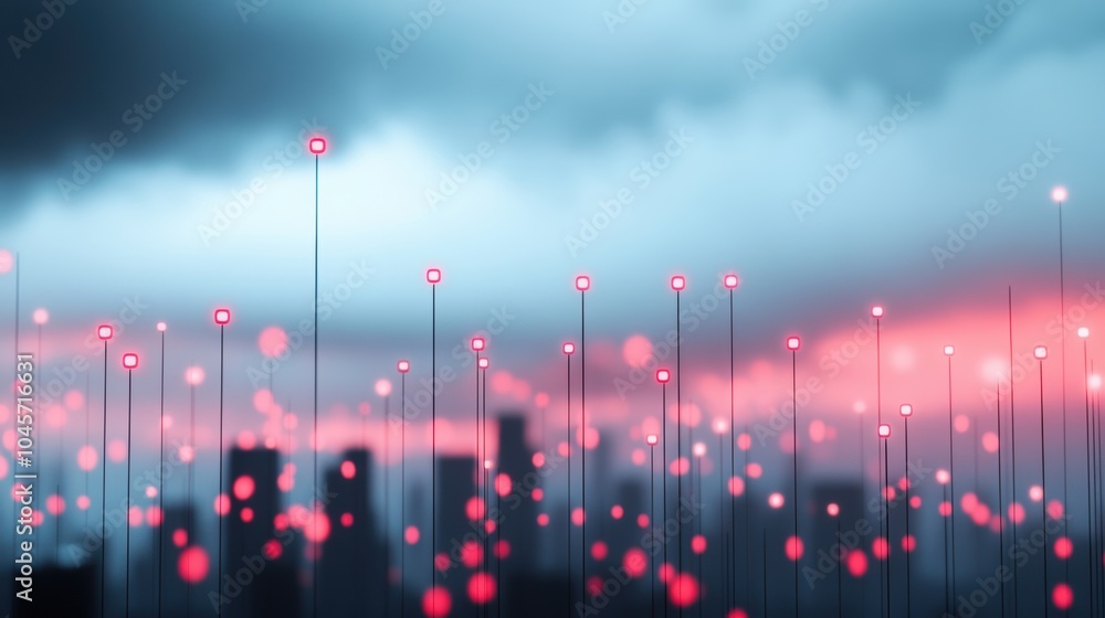 Poster a concept image depicting a city skyline with flash notifications appearing on buildings, representi