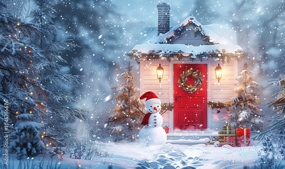 Poster a snowman stands in front of a house with a red door and a wreath on it. the scene is set in a snowy