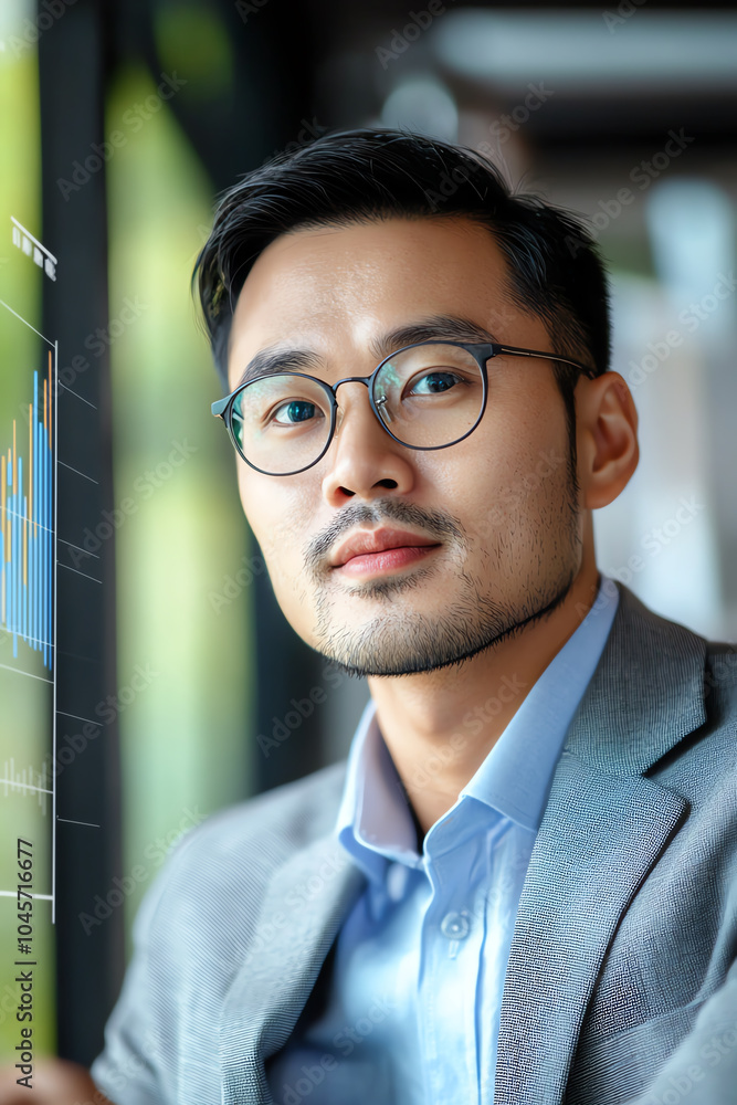 Poster confident business professional analyzing data trends with graphs in a modern office environment
