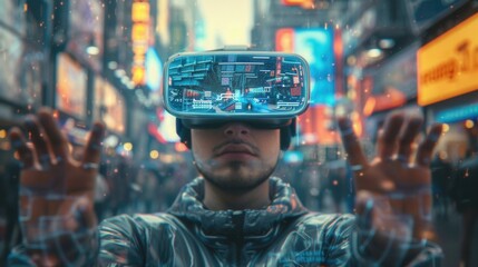 Young man in virtual reality experience in vibrant cityscape at night. neon lights illuminate the background, creating a sense of futuristic exploration and digital innovation. Generative ai