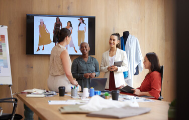 Women, creative meeting and design work with collaboration, teamwork and sewing, fashion and...