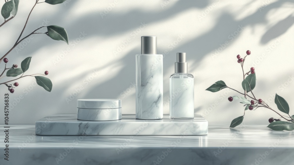 Poster a stylish display features marble skincare containers alongside delicate green foliage, illuminated 